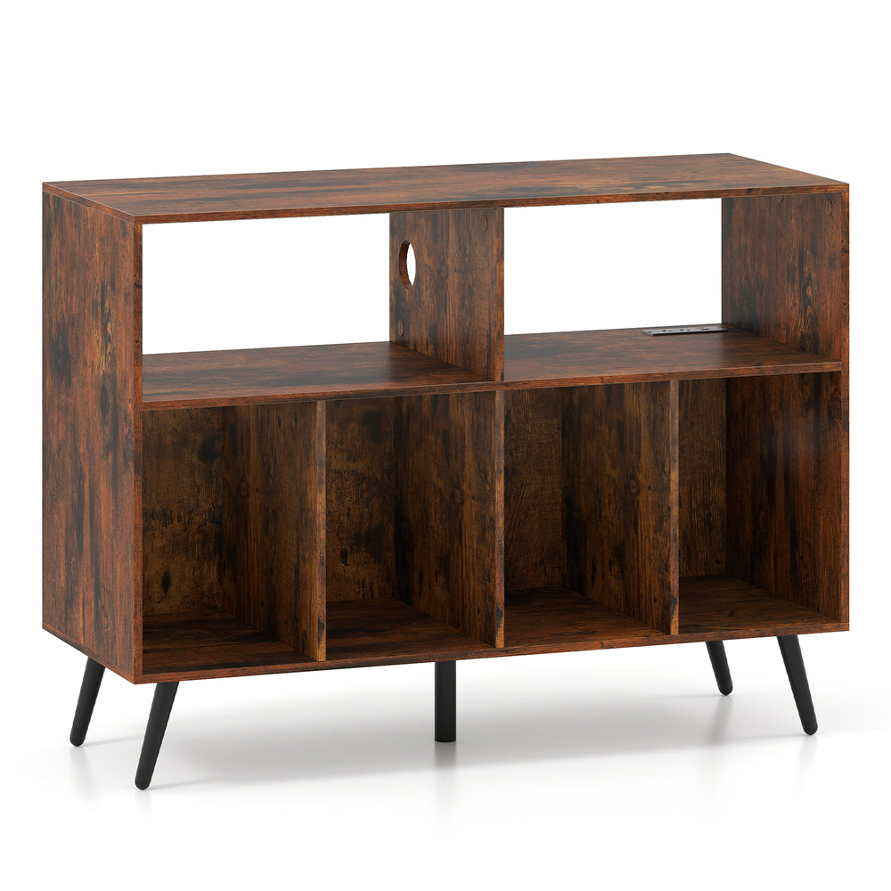 Rustic brown record player stand with open shelves, 4 compartments, and charging station for stylish vinyl storage.