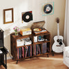 Record player stand in rustic brown with open shelves, charging station, and vinyl record storage for stylish.