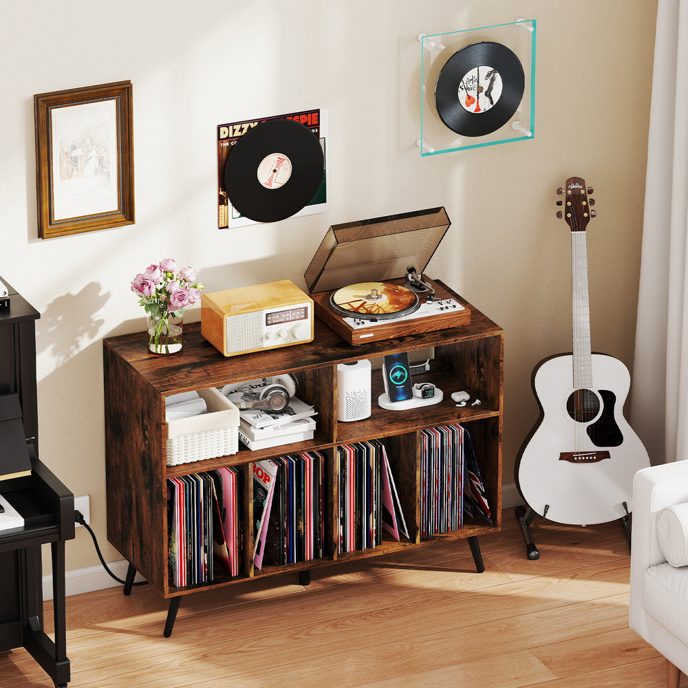Record player stand in rustic brown with open shelves, charging station, and vinyl record storage for stylish.