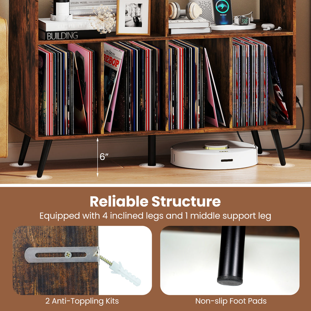 Record player stand in rustic brown with open shelves, 4 inclined legs, and charging ports for versatile storage.