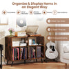 Record player stand in rustic brown with open shelves, 4 compartments, and charging ports for elegant storage and.