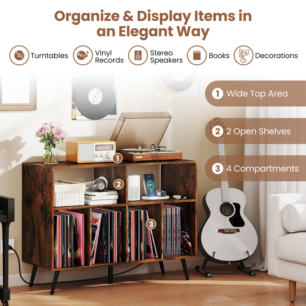 Record player stand in rustic brown with open shelves, 4 compartments, and charging ports for elegant storage and.