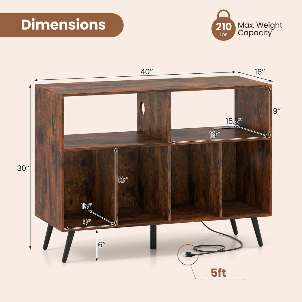 Record player stand in rustic brown with open shelves, 4 compartments, and charging station for elegant storage.