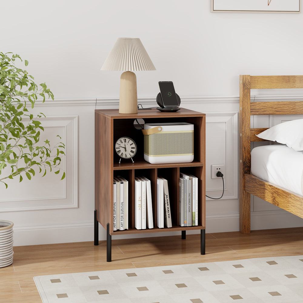 Record Player Stand with Record Storage Shelf and Charging Station-Walnut - Gallery View 1 of 10