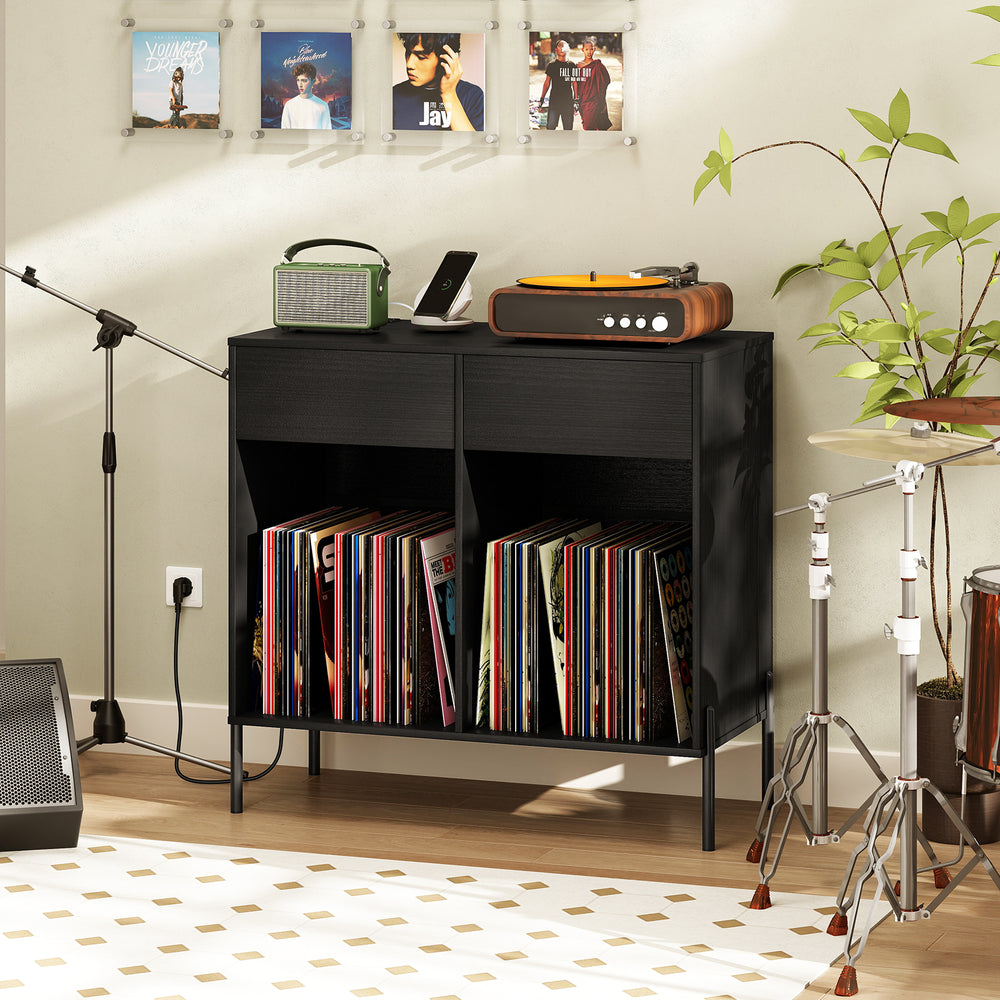 Record Player Stand with Power Outlets Double Wide Turntable Stand Vinyl Record Storage Table-Black - Gallery View 1 of 10