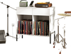 Record player stand in white with vinyl record storage, power outlets, and open compartments for organized display.