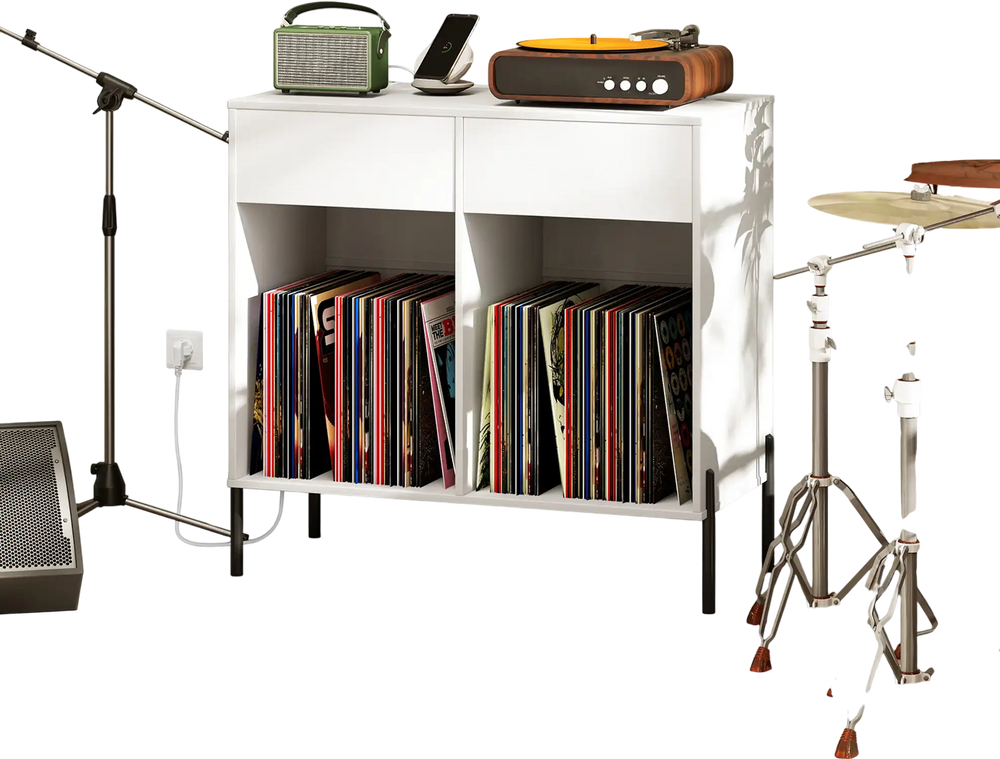 Record player stand in white with vinyl record storage, power outlets, and open compartments for organized display.