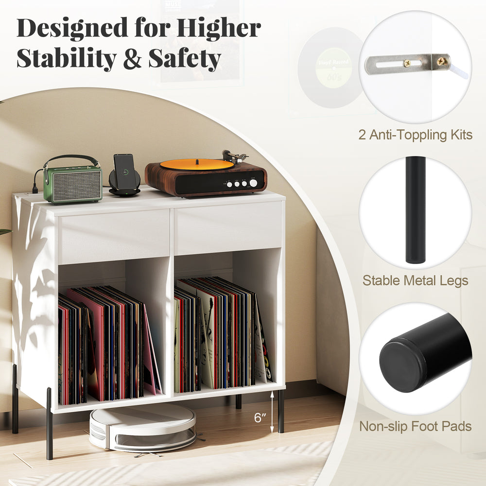 Record player stand in white with two drawers, vinyl record storage, and stable metal legs for enhanced safety.