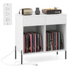 Double wide white record player stand with power outlets, featuring vinyl storage and two pull-out drawers for.