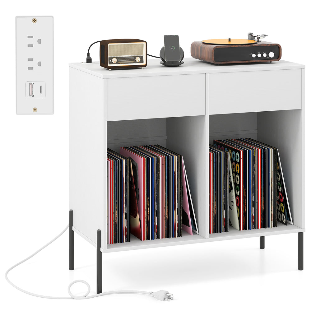 Double wide white record player stand with power outlets, featuring vinyl storage and two pull-out drawers for.