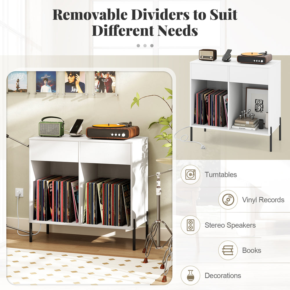 Double wide record player stand in white with open compartments, ideal for vinyl records and stereo speakers.