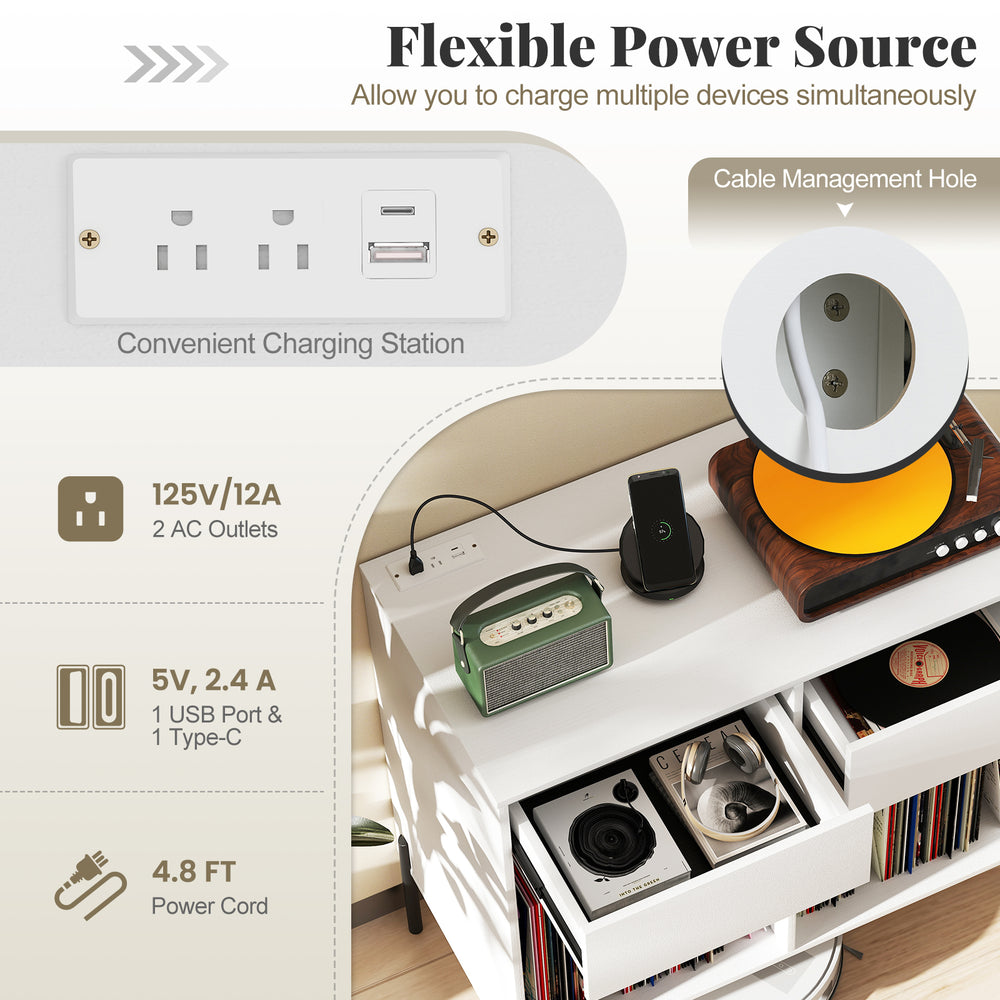 Double wide record player stand in white with power outlets, ideal for vinyl storage and cable management.