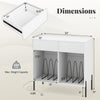 Double wide white record player stand with dimensions, featuring drawers and compartments for vinyl record storage.