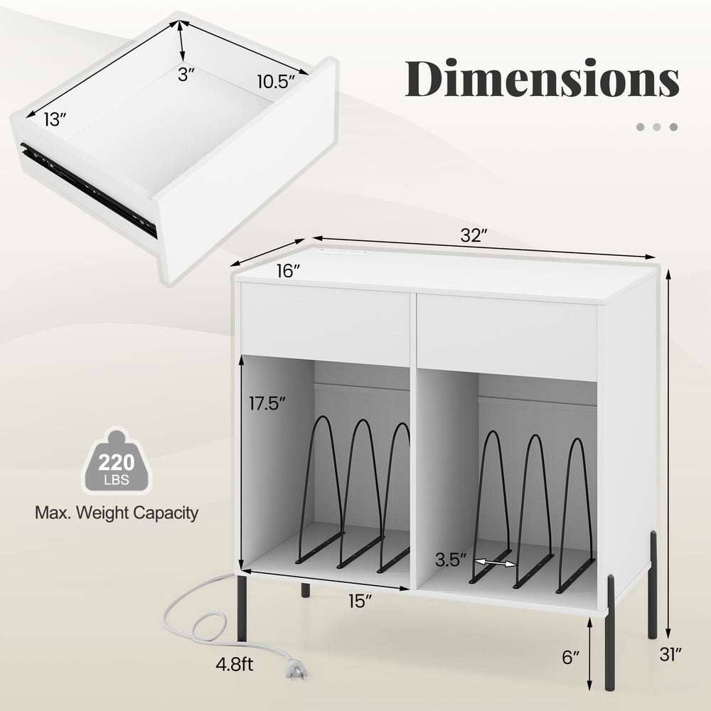 Double wide white record player stand with dimensions, featuring drawers and compartments for vinyl record storage.