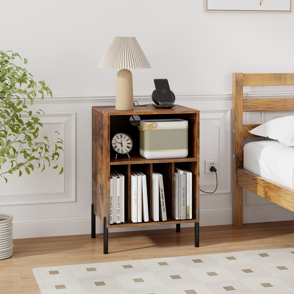 Record Player Stand with Record Storage Shelf and Charging Station-Coffee - Gallery View 1 of 9