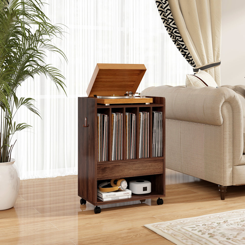 Record Rolling Turntable Player Stand with Drawer-Brown - Gallery View 1 of 10