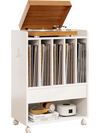 Rolling turntable player stand in white with vinyl record storage, drawer, and smooth-rolling wheels for easy mobility.