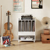 Record rolling turntable player stand in white showcasing a top view with vinyl records and a decorative gramophone.