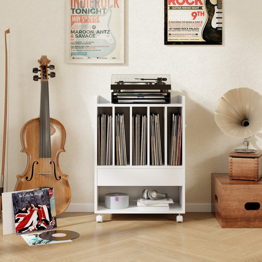 Record rolling turntable player stand in white showcasing a top view with vinyl records and a decorative gramophone.