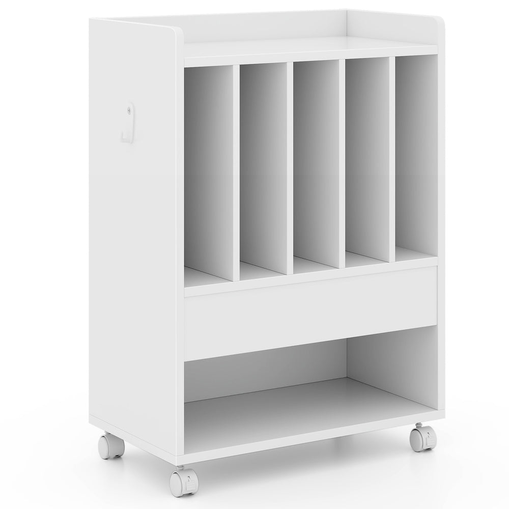 Record rolling turntable player stand in white with storage dividers, drawer, and smooth-rolling wheels for easy.