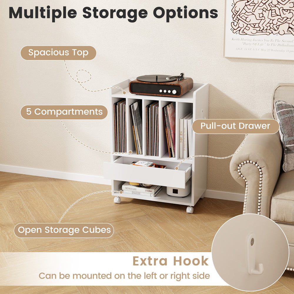 Record rolling turntable player stand in white with five compartments and a pull-out drawer for vinyl storage.
