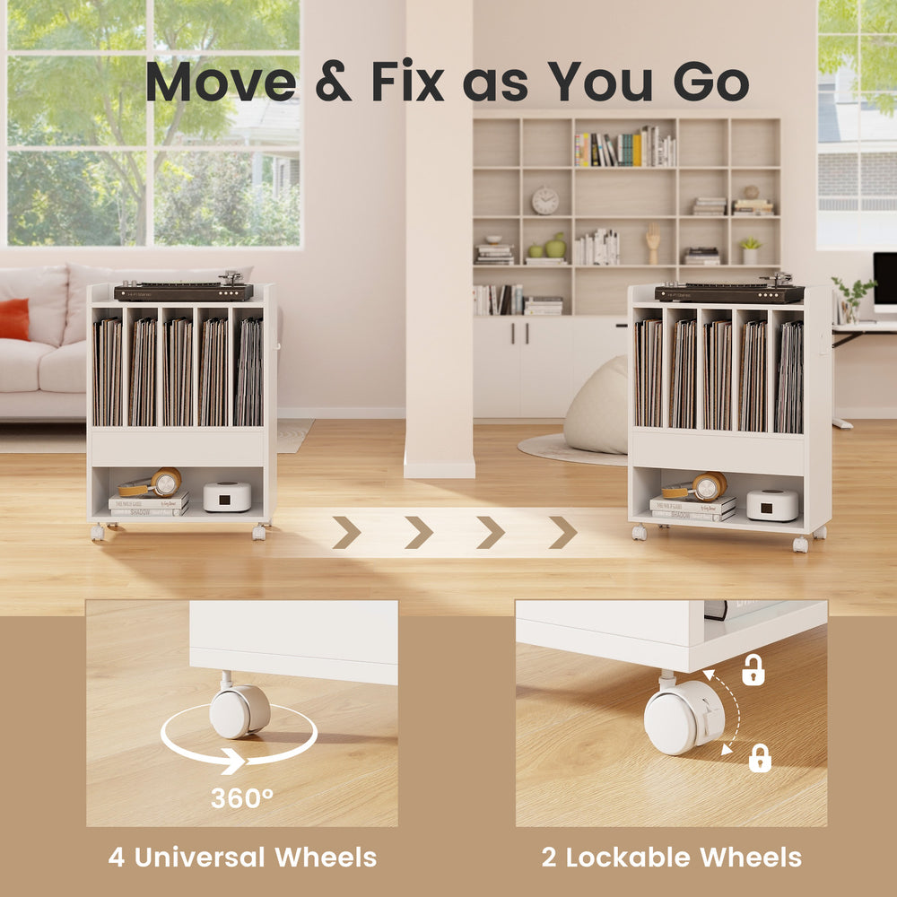 Rolling turntable player stand in white with 4 wheels, 2 lockable, and ample storage for vinyl records and decor.