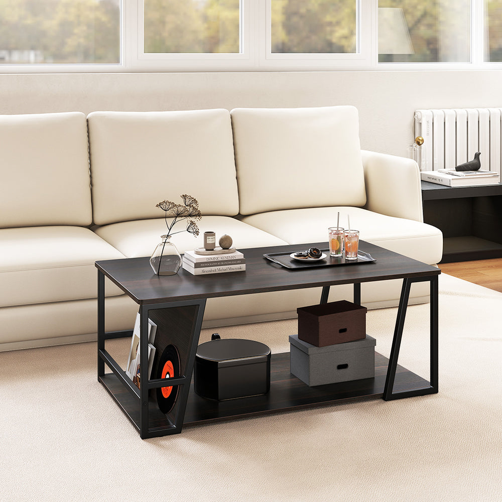 Rectangle Coffee Table 2-tier Industrial Accent Table with Storage Shelf and Compartment-Brown - Gallery View 1 of 10