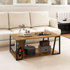 Rectangle coffee table with natural wood finish, featuring a 2-tier design, storage shelf, and metal frame for living.