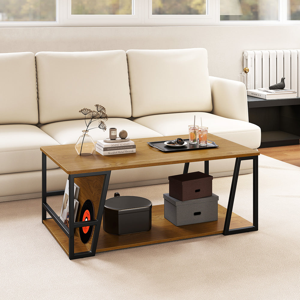 Rectangle coffee table with natural wood finish, featuring a 2-tier design, storage shelf, and metal frame for living.