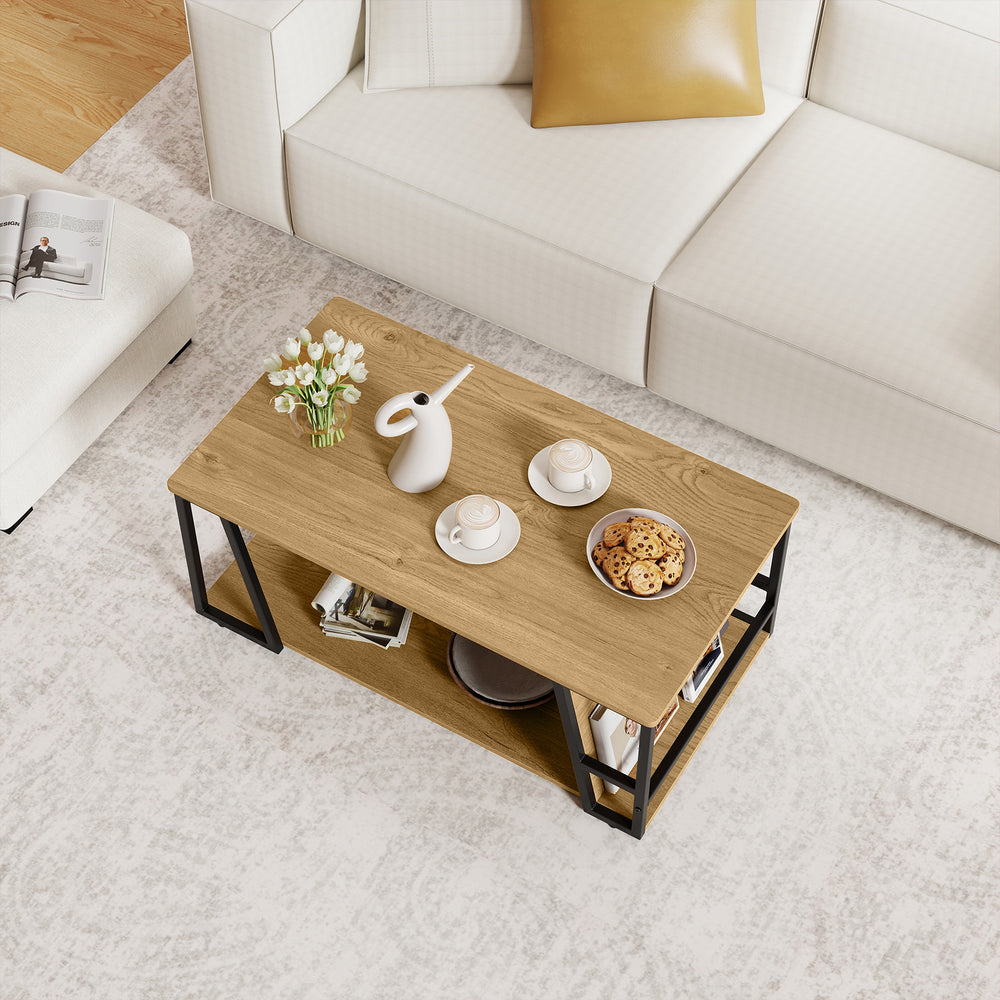 Rectangle coffee table with natural wood finish, featuring a 2-tier design and storage shelf for versatile living room.