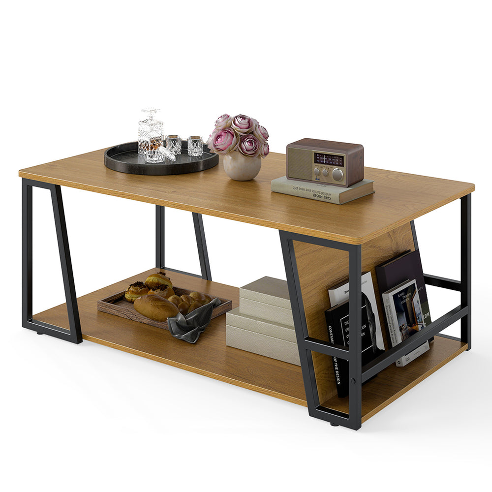 Rectangle coffee table with natural wood finish, featuring a 2-tier design and metal frame for versatile living room.