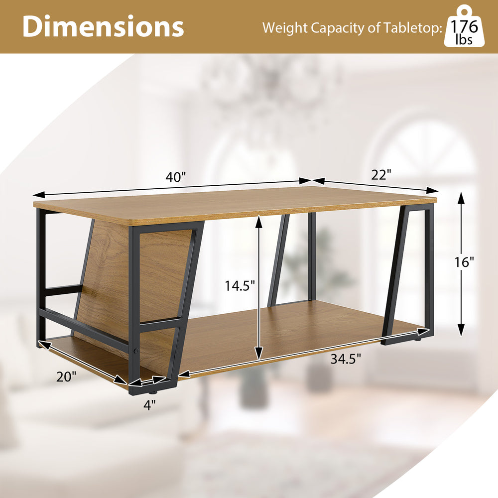 Rectangle coffee table with natural wood finish, 2-tier design, and dimensions for versatile living room use.