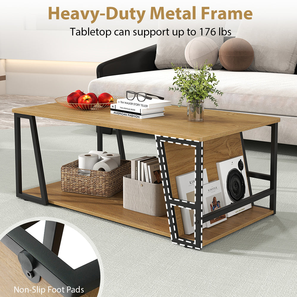 Rectangle coffee table with natural wood texture, heavy-duty metal frame, and 2-tier storage for versatile living room.