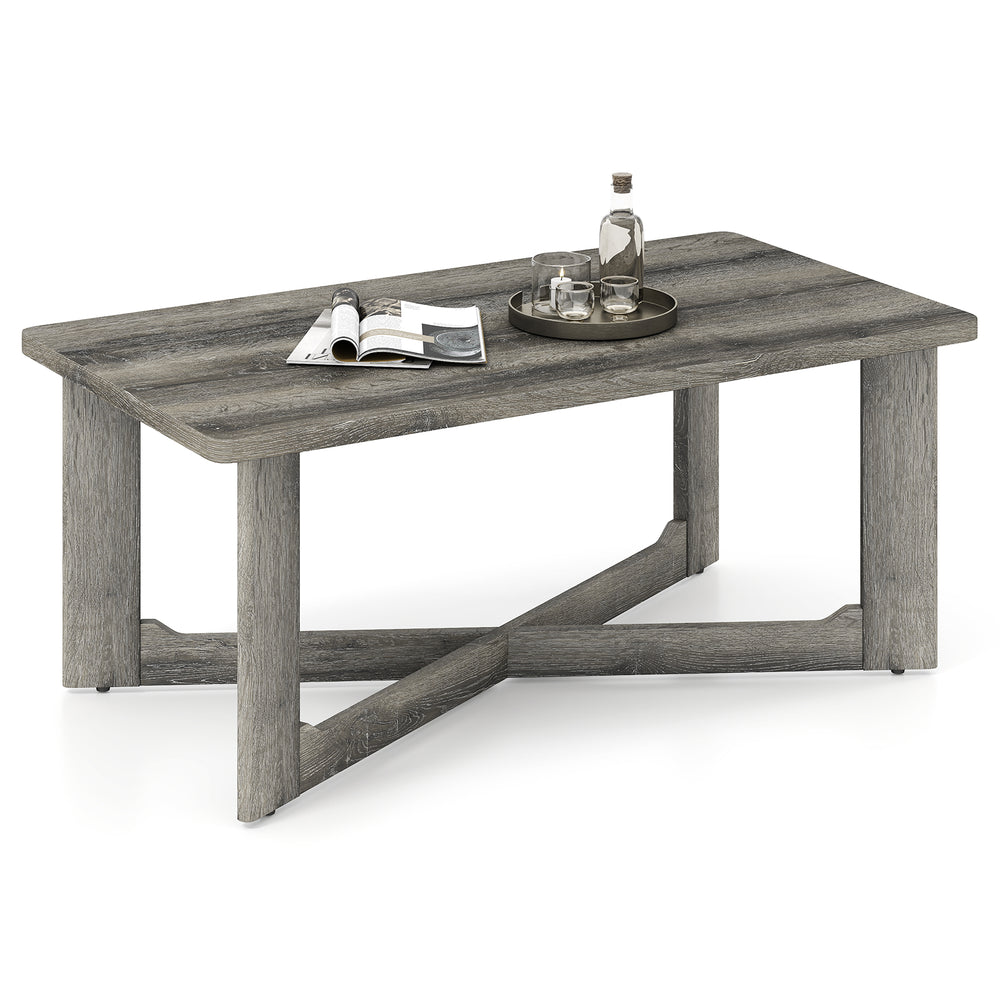Rectangle coffee table featuring a gray rubber wood base with an X-shaped design, emphasizing rounded corners for.