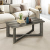 Rectangle coffee table with gray rubber wood base and X-shaped design, featuring a spacious tabletop for decor and.
