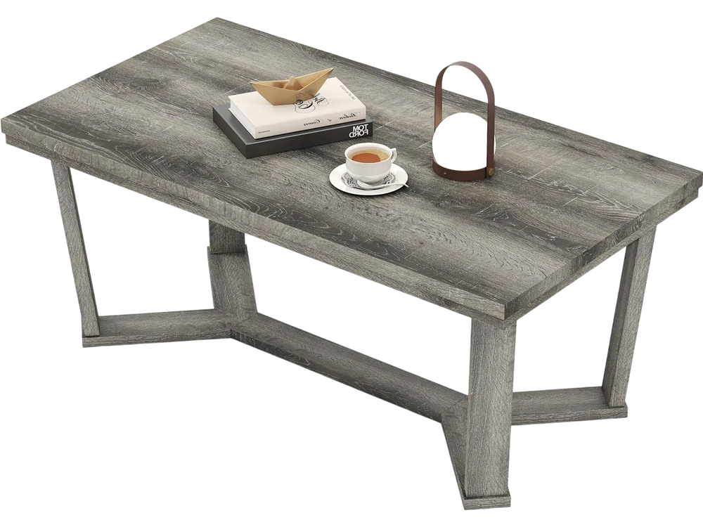 Rectangle coffee table with gray rubber wood base, cross-shaped design, and wide tabletop for convenient storage.