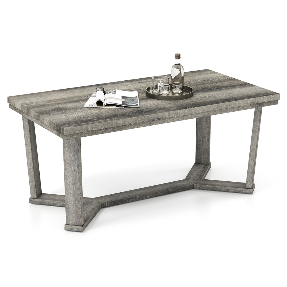 Rectangle coffee table with a gray rubber wood base and cross-shaped design, perfect for stylish living room storage.