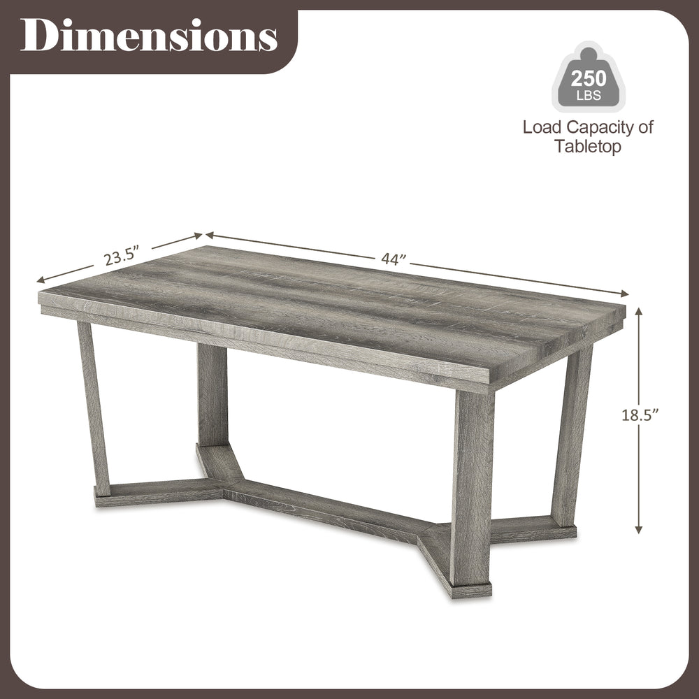Rectangle coffee table with gray rubber wood base, cross-shaped design, and dimensions of 44" x 23.5" x 18.5".