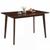 Rectangle dining table in walnut finish, seating 4-6 people, featuring sturdy rubber wood legs and smooth curved.