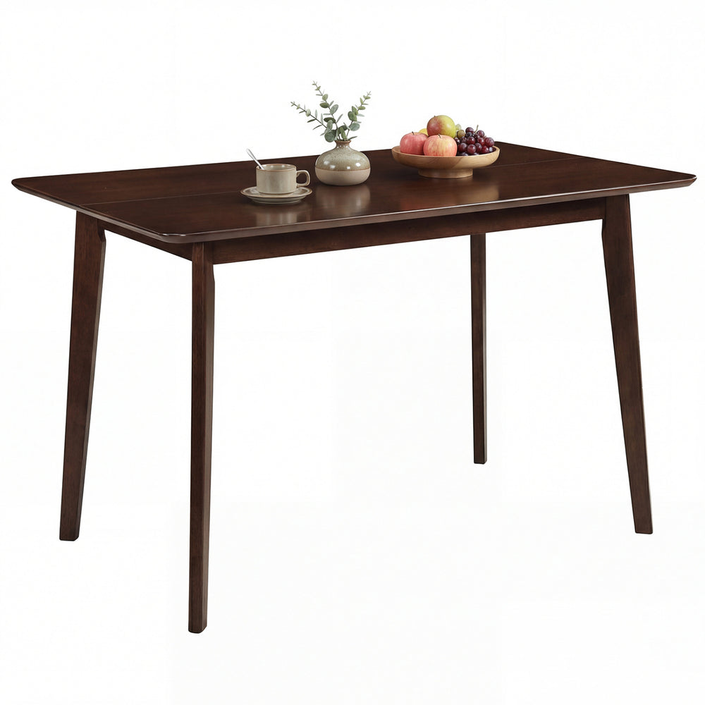Rectangle dining table in walnut finish, seating 4-6 people, featuring sturdy rubber wood legs and smooth curved.