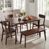 Rectangle dining table with walnut finish, seating 4-6 people, featuring solid wood veneer and natural rubber wood legs.
