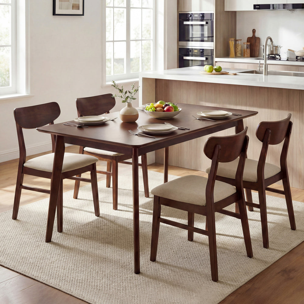 Rectangle dining table in walnut finish with a solid wood veneer top, designed for 4-6 people, ideal for a cozy kitchen.