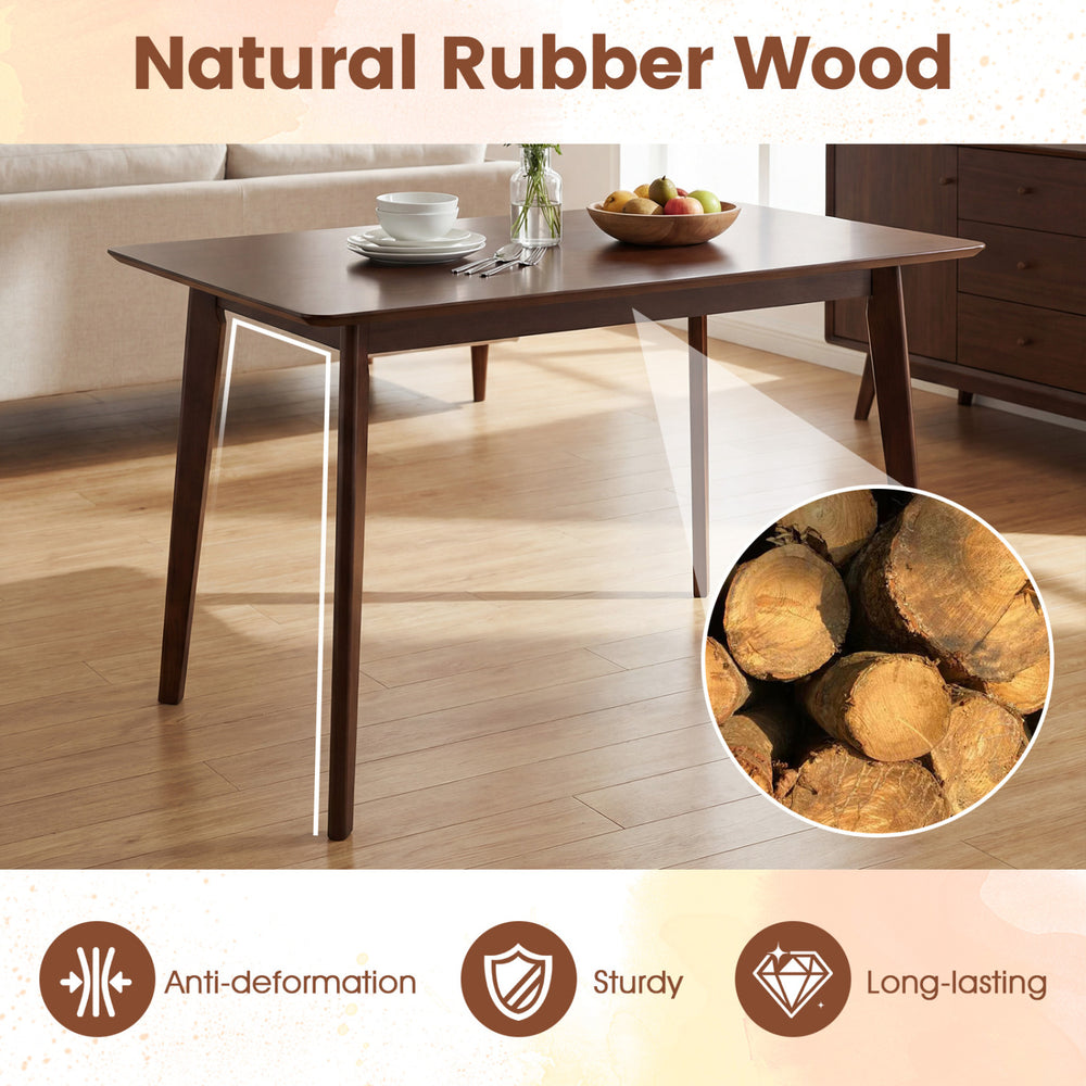 Rectangle dining table in walnut finish, made of natural rubber wood, seats 4-6, featuring sturdy legs and smooth.