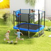 Rectangle outdoor trampoline with basketball hoop, blue, featuring safety net and ladder, perfect for kids' fun and.