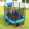 Rectangle outdoor trampoline with basketball hoop, 10 x 8 FT, featuring safety net and ladder for fun and exercise.