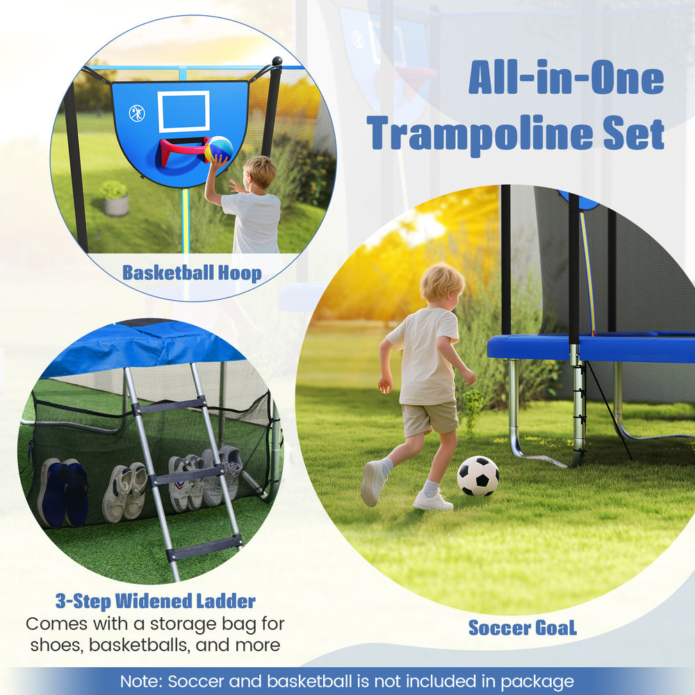 Rectangle outdoor trampoline with basketball hoop and soccer goal, featuring a sturdy ladder and safety enclosure for.