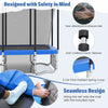 Rectangle outdoor trampoline with safety features, including anti-collision foam sleeves and a basketball hoop for fun.