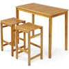 Rectangular acacia wood bar height table with two stools, perfect for outdoor dining and chatting on the patio.