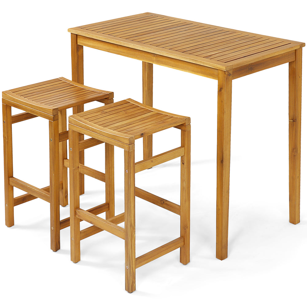 Rectangular acacia wood bar height table with two stools, perfect for outdoor dining and chatting on the patio.