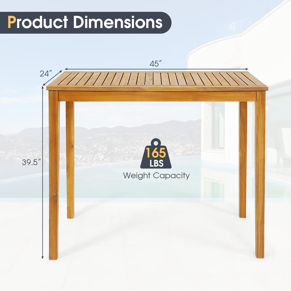 Rectangular acacia wood bar height table with dimensions 45" x 24" x 39.5", ideal for outdoor dining and gatherings.